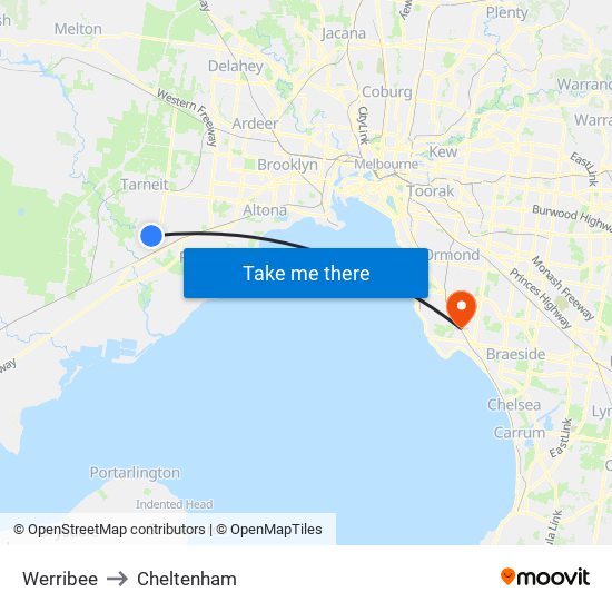 Werribee to Cheltenham map