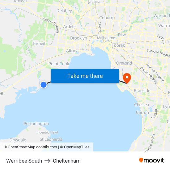 Werribee South to Cheltenham map