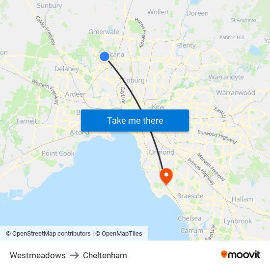 Westmeadows to Cheltenham map