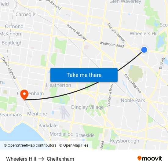 Wheelers Hill to Cheltenham map