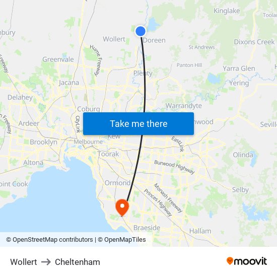 Wollert to Cheltenham map