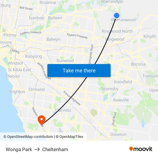 Wonga Park to Cheltenham map