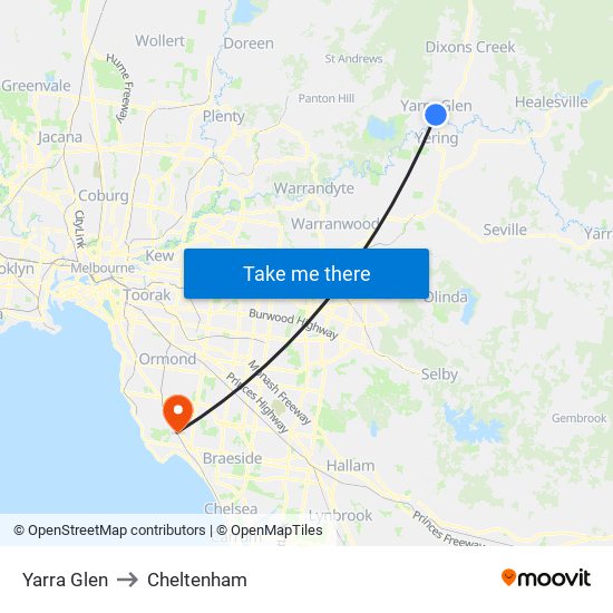 Yarra Glen to Cheltenham map