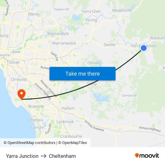 Yarra Junction to Cheltenham map