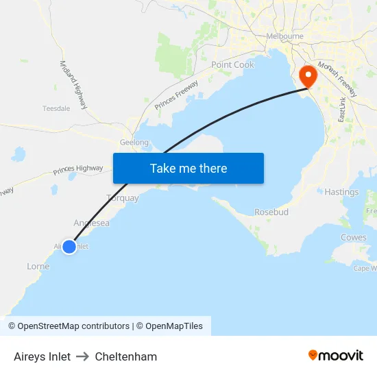 Aireys Inlet to Cheltenham map