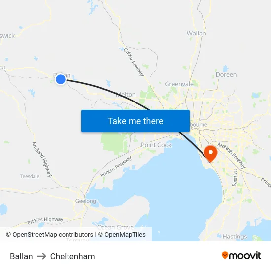Ballan to Cheltenham map