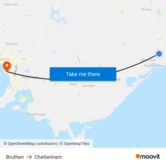 Bruthen to Cheltenham map