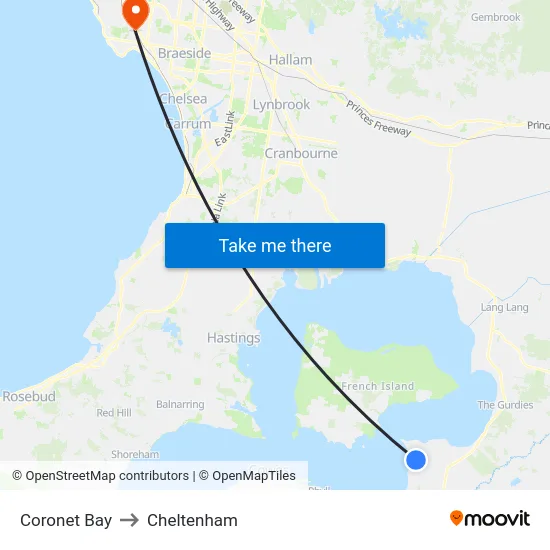 Coronet Bay to Cheltenham map