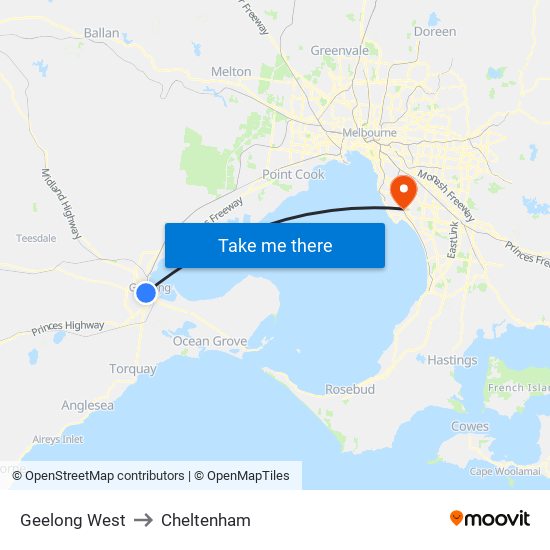 Geelong West to Cheltenham map