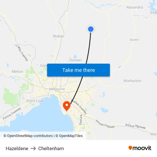 Hazeldene to Cheltenham map