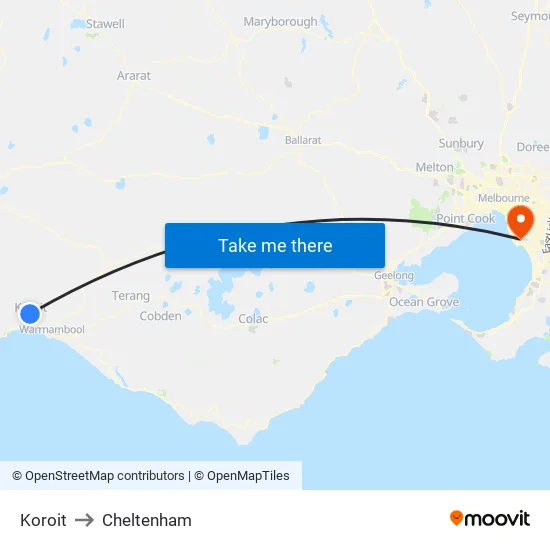 Koroit to Cheltenham map