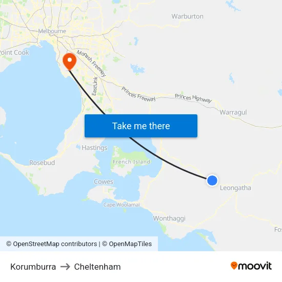 Korumburra to Cheltenham map