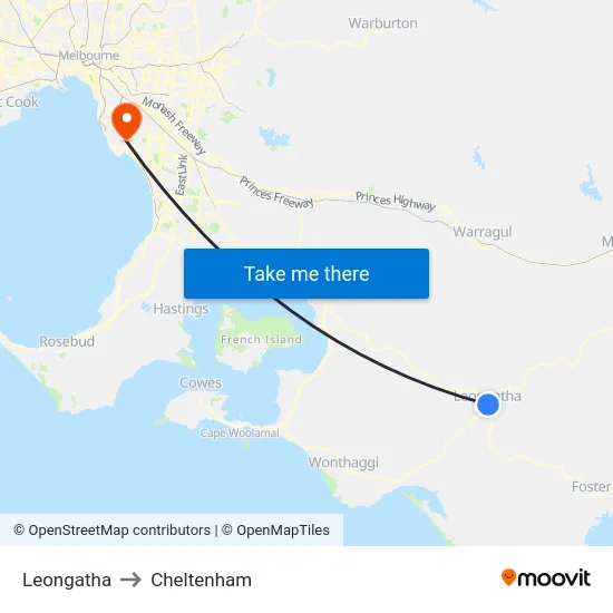 Leongatha to Cheltenham map