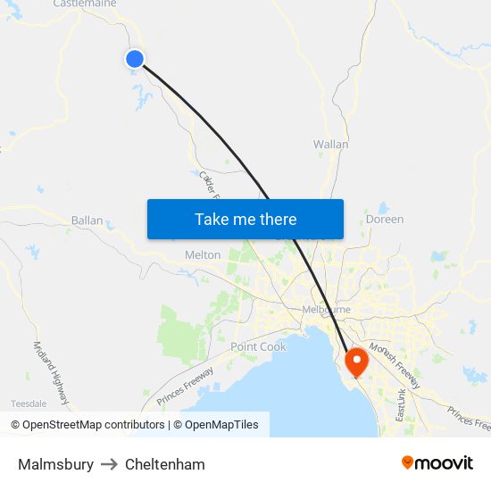 Malmsbury to Cheltenham map