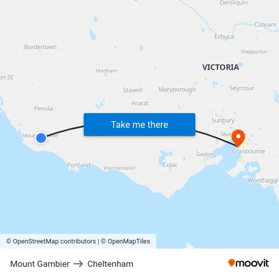 Mount Gambier to Cheltenham map