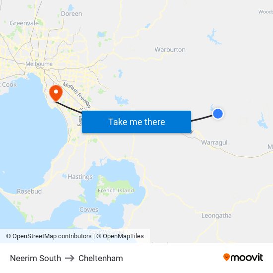 Neerim South to Cheltenham map