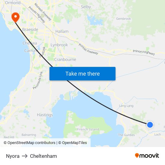 Nyora to Cheltenham map