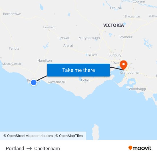 Portland to Cheltenham map