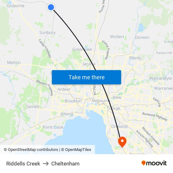 Riddells Creek to Cheltenham map