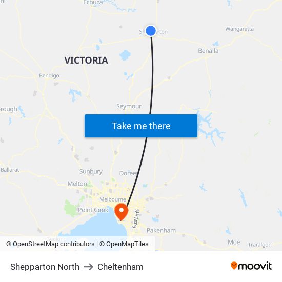 Shepparton North to Cheltenham map