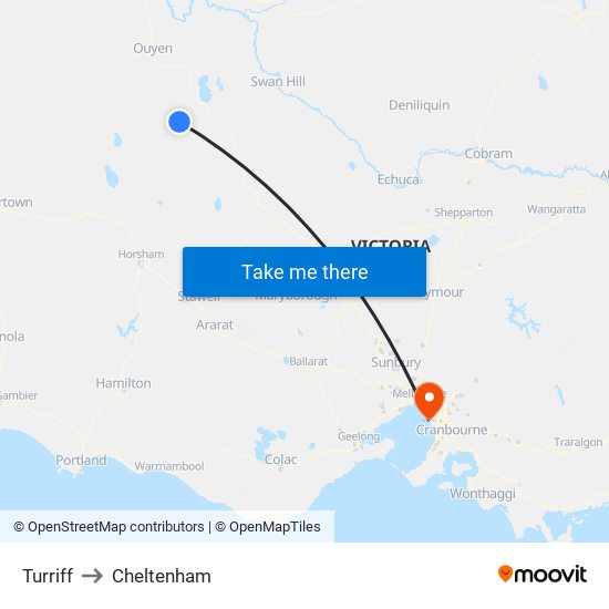 Turriff to Cheltenham map