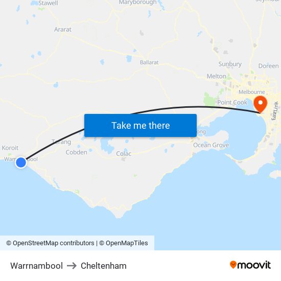 Warrnambool to Cheltenham map