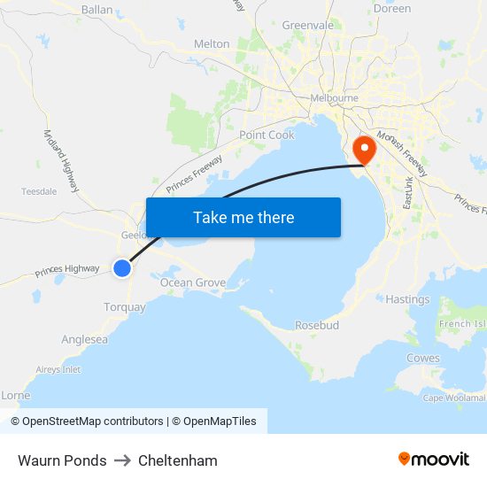 Waurn Ponds to Cheltenham map