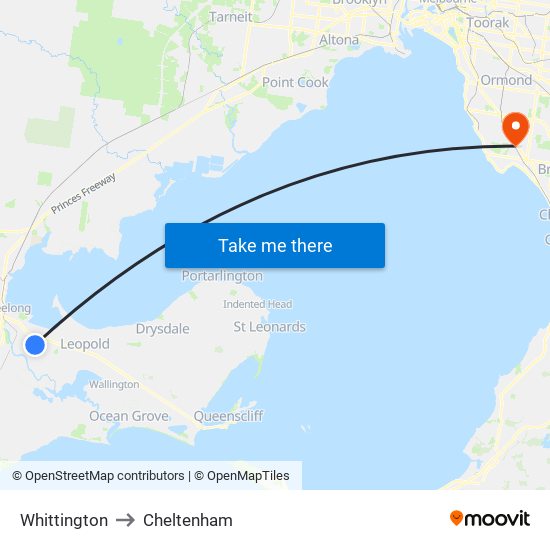 Whittington to Cheltenham map