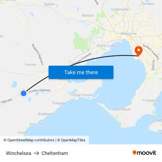 Winchelsea to Cheltenham map