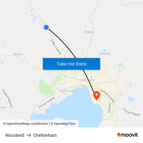 Woodend to Cheltenham map