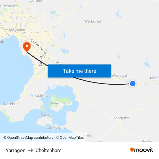 Yarragon to Cheltenham map