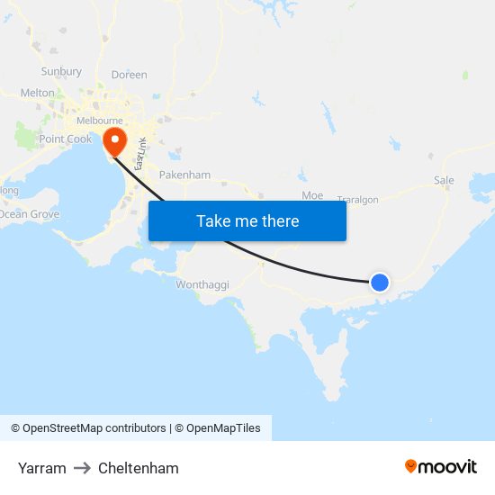 Yarram to Cheltenham map