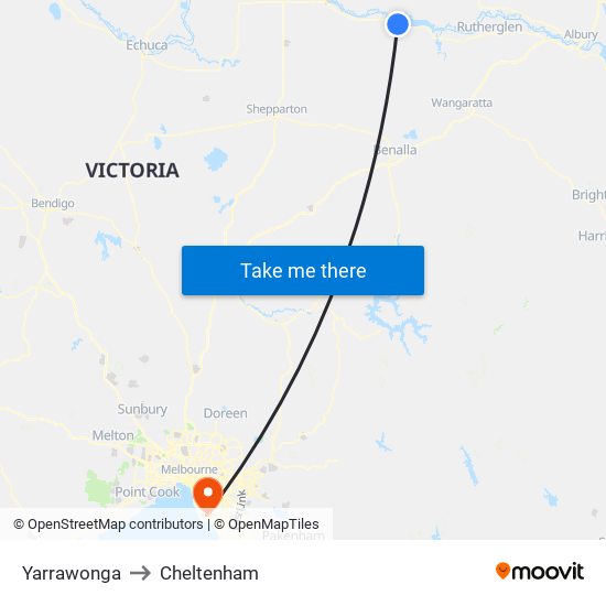 Yarrawonga to Cheltenham map