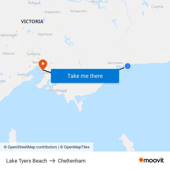 Lake Tyers Beach to Cheltenham map