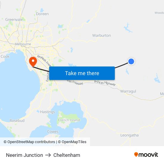 Neerim Junction to Cheltenham map