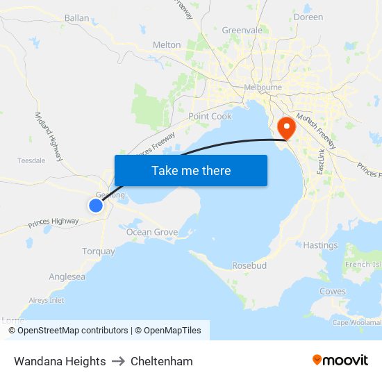 Wandana Heights to Cheltenham map