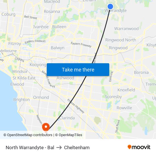 North Warrandyte - Bal to Cheltenham map