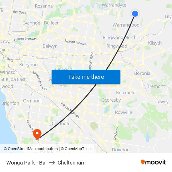 Wonga Park - Bal to Cheltenham map