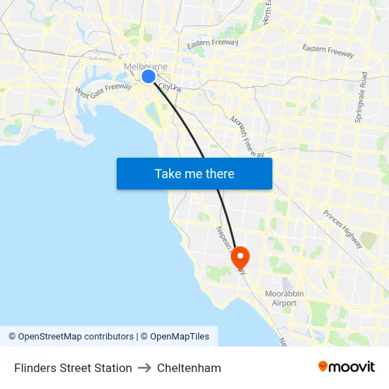 Flinders Street Station to Cheltenham map