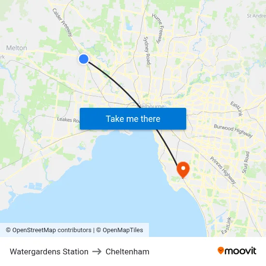 Watergardens Station to Cheltenham map