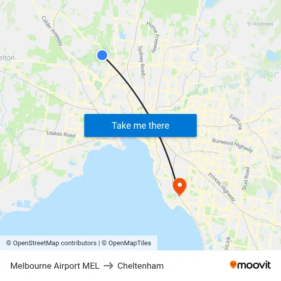 Melbourne Airport MEL to Cheltenham map