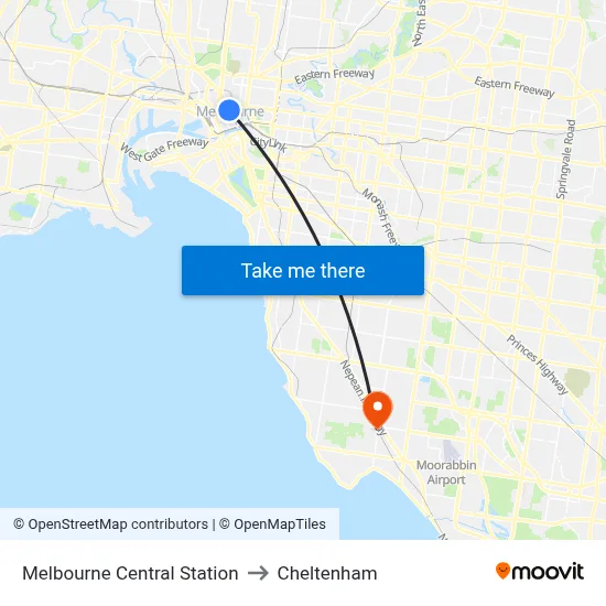 Melbourne Central Station to Cheltenham map