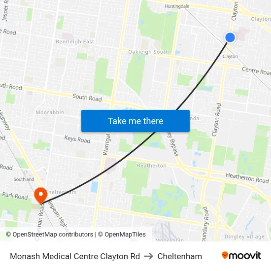 Monash Medical Centre Clayton Rd to Cheltenham map