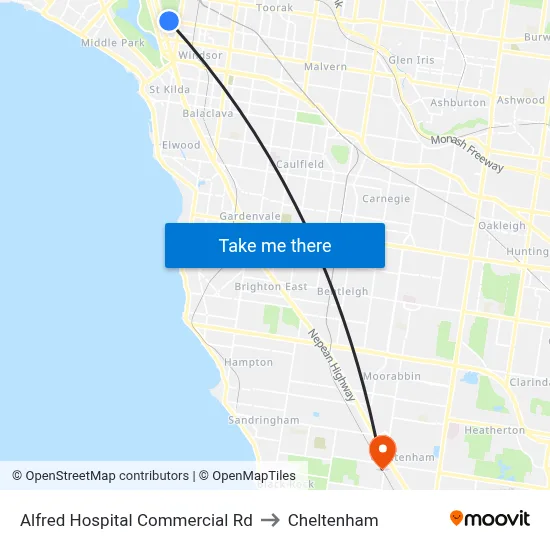 Alfred Hospital Commercial Rd to Cheltenham map