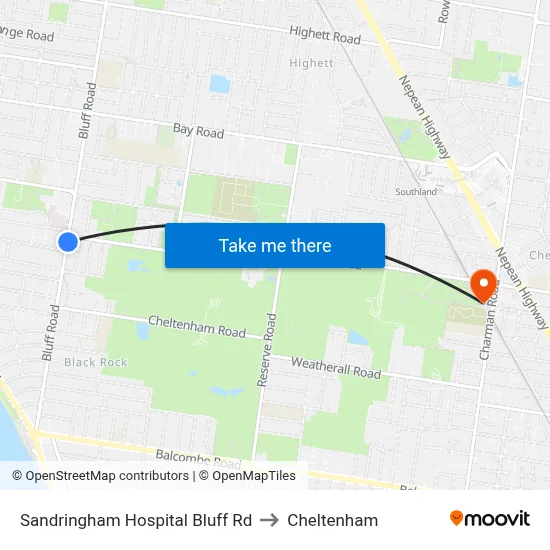 Sandringham Hospital Bluff Rd to Cheltenham map