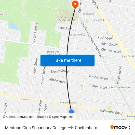 Mentone Girls Secondary College to Cheltenham map