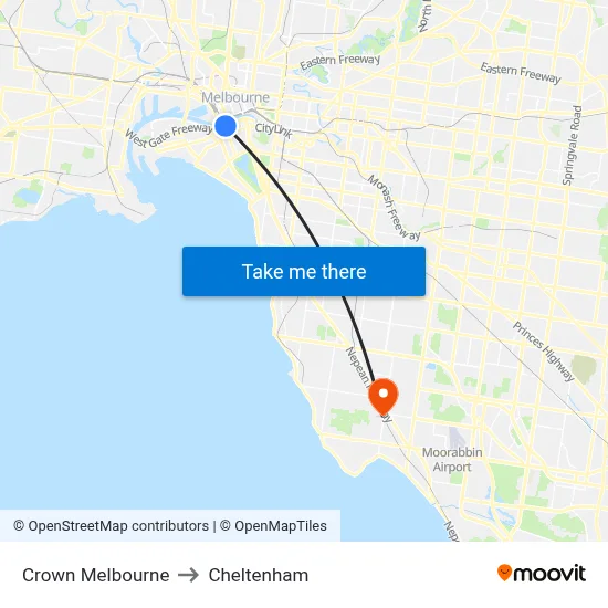 Crown Melbourne to Cheltenham map