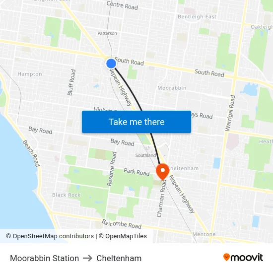 Moorabbin Station to Cheltenham map