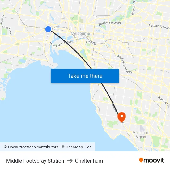 Middle Footscray Station to Cheltenham map