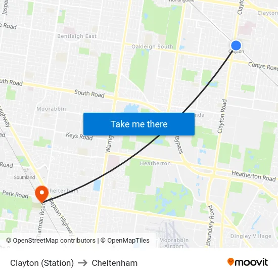 Clayton (Station) to Cheltenham map